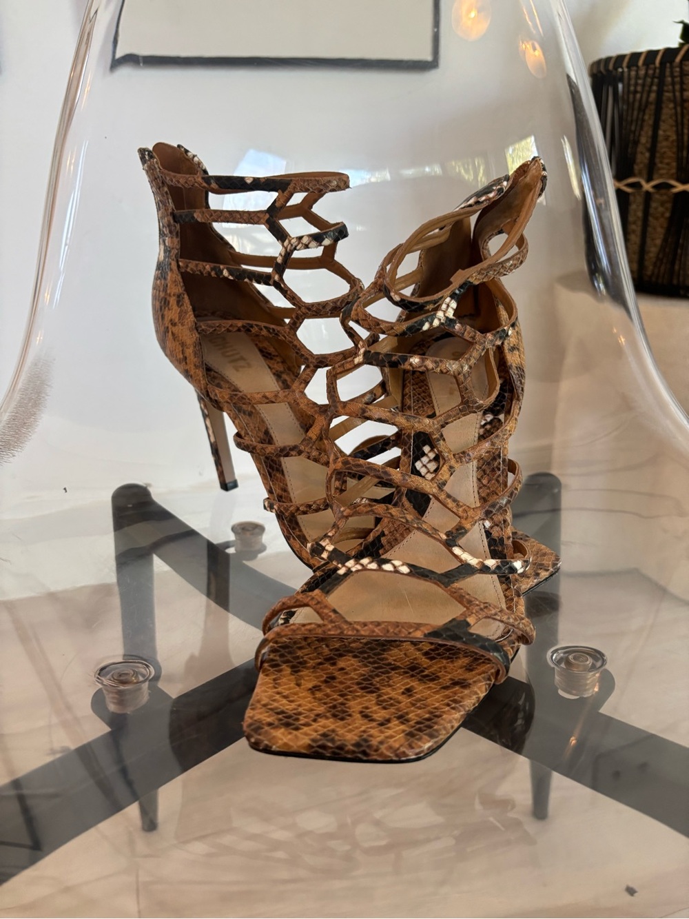 SCHUTZ Brown Snake-Print Cage High Heel Sandals